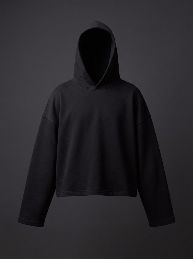 Flat product shot of the black hoodie, front