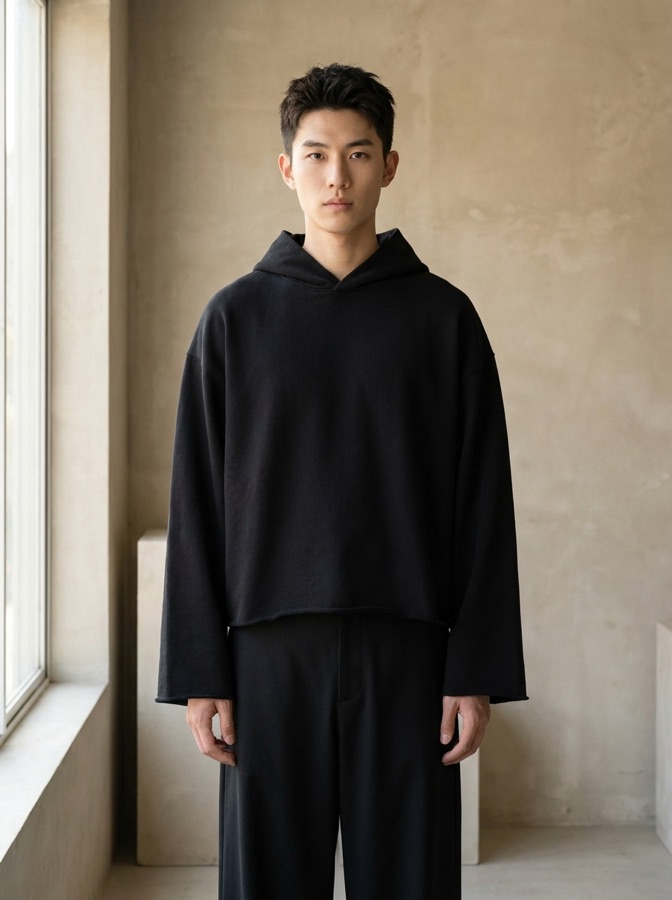 Front view of the blank black hoodie worn by a model